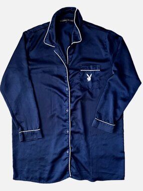 Missguided x Playboy Navy Satin Pajama Sleep Shirt Bunny Logo Size 10